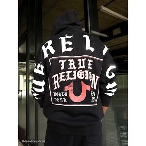 True Religion Mens script Flag Zip Up Hoodie Jet Black World Tour 109536 XL New